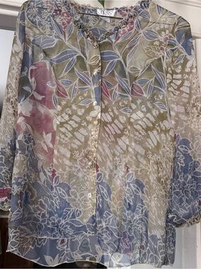 Vintage y2k 90s Tess sheer silk blouse floral pink cream ruffle 3/4 sleeve